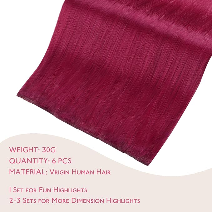 WENNALIFE Burgundy Red Clip in Hair Extensions Real Human Hair 35g 6pcs 14 Inch Colored Hair Extensions for Kids Women Colorful Hair Pieces Pop-up Style Straight Extensiones De Cabello Humano Con Clip