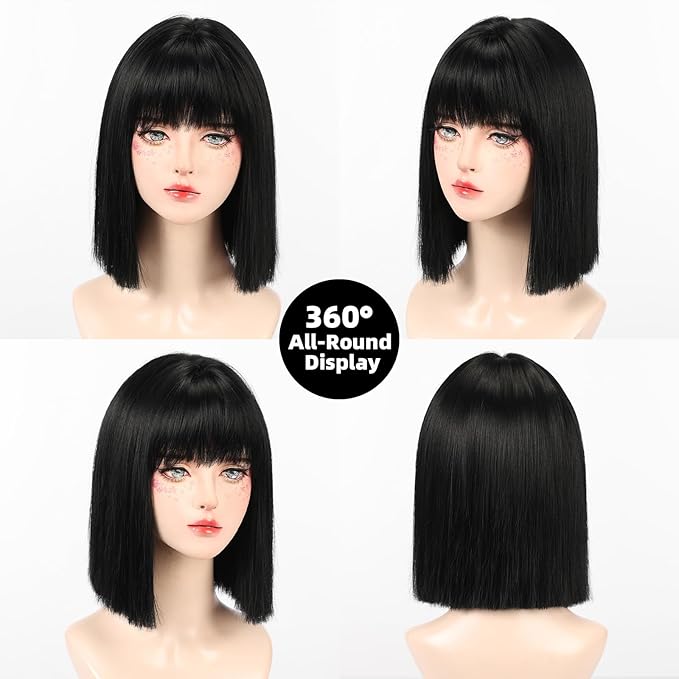 Allbell Black Wigs for Women Short Bob with Bangs Heat Resistant Synthetic Hair 12 inch for Daily Party Halloween Costume Use