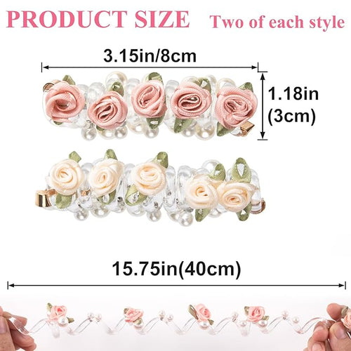 4PCS Rose Bead Spiral Hair Ties, 2 Colors Floral Phone Cord Ponytail Holders for Women, Elegant Rubber Hair Coils, Stylish Hair Accessories for Party, Daily Use - White, Pink Flower