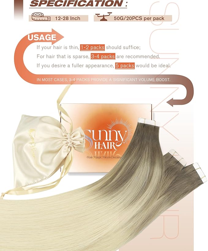 Sunny Hair Tape in Hair Extensions Real Human Hair Invisible Remy Hair Extensions Tape ins for Women Light Brown Root to Platinum Blonde Balayage 24 inch 20Pcs 50G