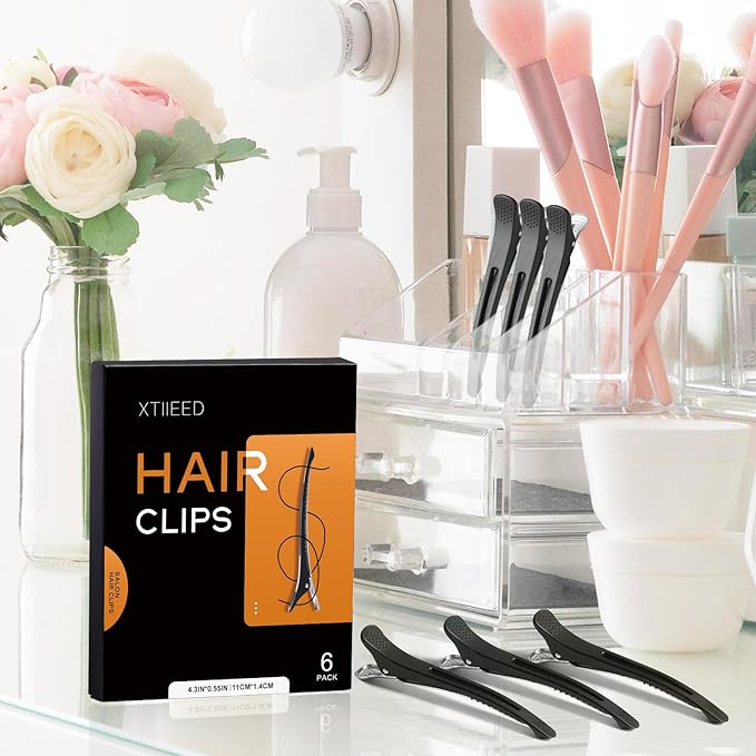 6 Pack Professional Hair Clips for Styling Sectioning, Non Slip Duck Billed with Silicone Band, Hair Roller Clips No Crease - Length 4.3'' for Salon and Home Haircuts(Black)