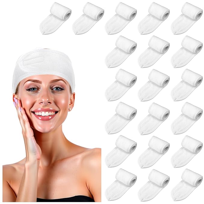 30 Pcs Spa Headband, Facial Head Wrap for Women Adjustable Makeup Stretch Towel with Tape Fit Face Washing Shower Facial Mask Yoga(White)