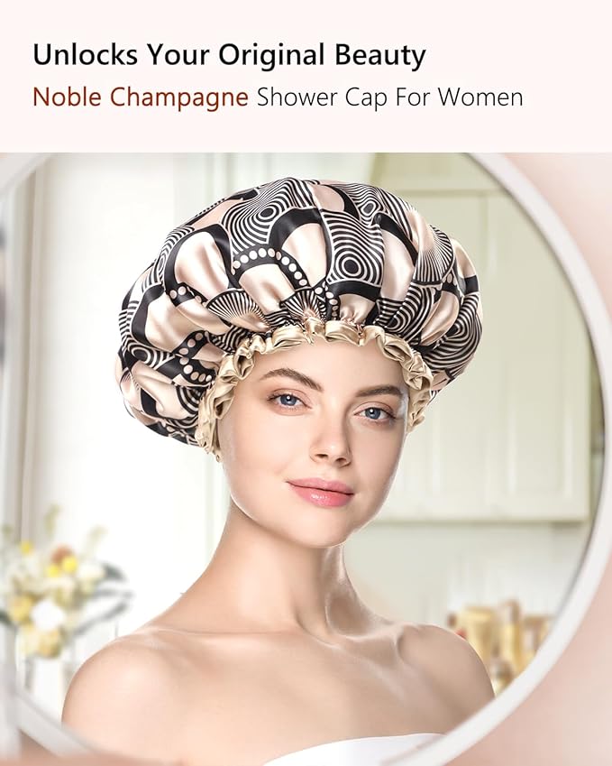 mikimini Champagne Large Shower Caps Pack of 2, Shower Cap for Women Long Hair with Black Lace, Reusable Waterproof Shower Hat for Girls