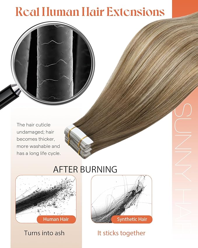 Sunny Hair Tape in Hair Extensions Human Hair, Human Hair Tape in Extensions Light Brown Balayage Blonde Hair Extensions Real Human Hair Tape in 22Inch 50g