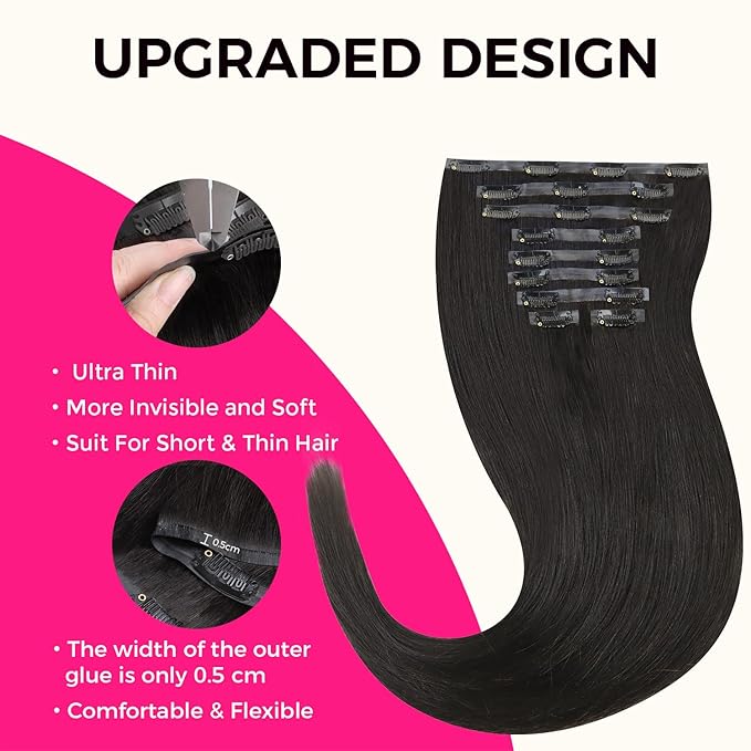 Lashey Seamless Clip in Hair Extensions Human Hair 9pcs 130g Light Yaki Straight Clip in Hair Extensions 14 Inch Natural Black Hair Extension with Invisi Edge