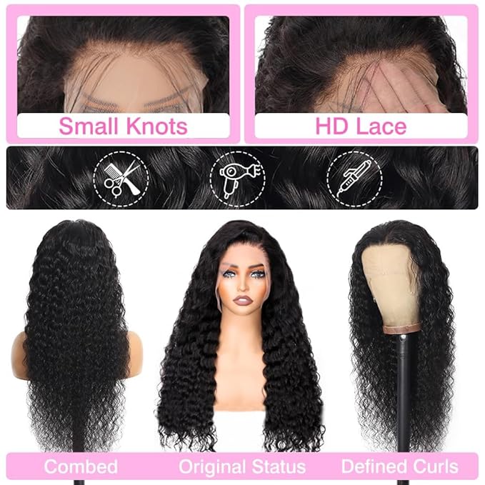 BVLBVL 24 Inch 13x6 Deep Wave Lace Front Wigs Human Hair 180 Density Curly Human Hair Wig HD Lace Frontal Wig Pre Plucked, Real Human Hair No Synthetic Blend No Tangle No Shedding Triple Lifespan 3X