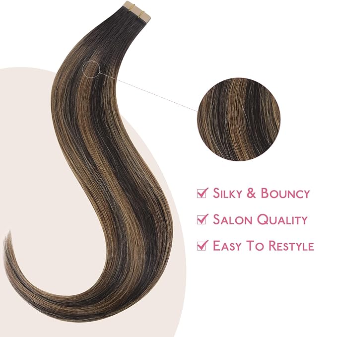 WENNALIFE Tape in Hair Extensions Human Hair Balayage Dark Brown Mixed Chestnut Brown Tape in Extensions, 10pcs 25g 18 inch Remy Invisible Tape Ins Straight Soft Real Human Hair Tape in Extensions