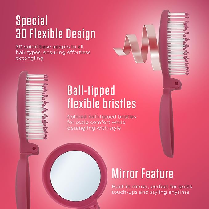 Mini Detangler Travel Hair Brush with Mirror, Makaron Hair Brushes for Women, Men and Kids, Unique 3D Flexible Design for All Hair Types, Styling Accessory, Travel Essentials for Women (DARK PINK)
