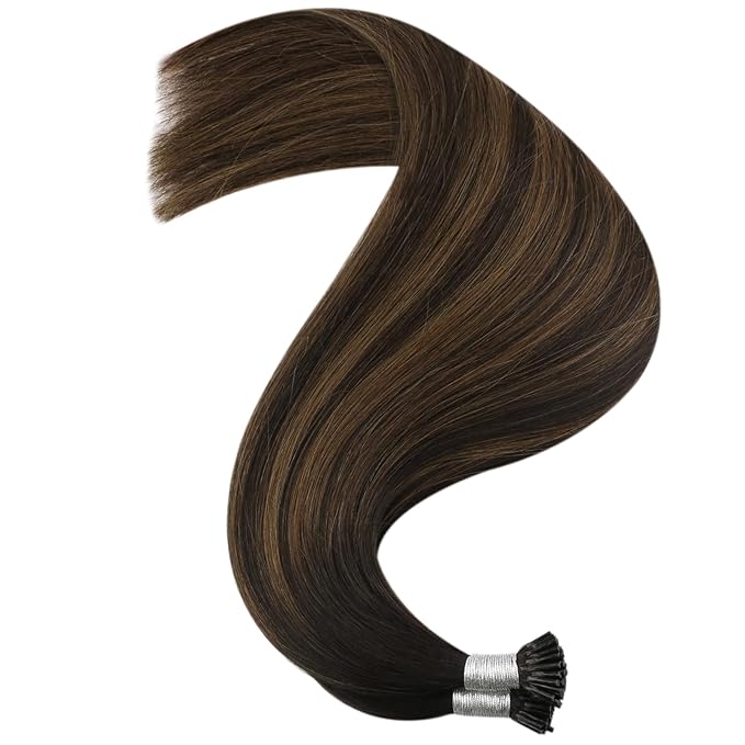 YoungSee I Tip Hair Extensions Brown 24 Inch Itip Hair Extensions Real Human Hair Dark Brown Balayage with Brown Itips Hair Extension Human Hair Ombre I-Tip Extension Long Hair 50g 50s