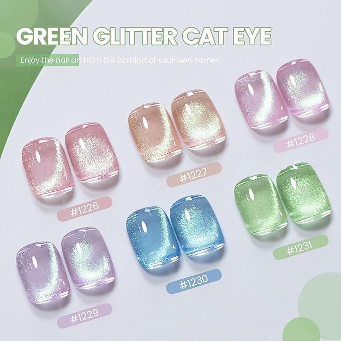 RARJSM Green Cat Eye Gel Nail Polish Set 6pcs Reflective Sparkly Diamond Glitter Nude Pink Blue Purple Clear Glass Cateye Gelpolish with Magnet Stick 7.5ml Curing Requires Soak Off for Home Salon