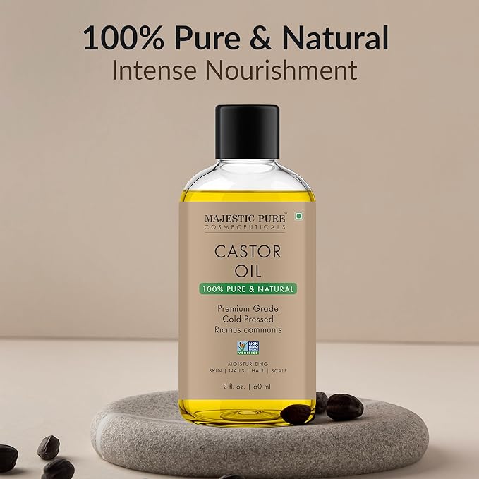 Majestic Pure Castor Oil - 100% Pure & Natural - Premium Grade, Cold Pressed, Hexane Free - Hair, Eyelashes, Eyebrows, Nails - Moisturizing & Nourishing - 2 Fl Oz