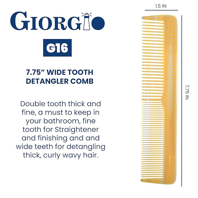 Giorgio G16 Fine Tooth and Wide Tooth Detangler Comb - Hair Comb for Men and for Women, Hair Styling Barber Comb, Beard and Mustache Combs for Men - Saw Cut and Handmade (Ivory)