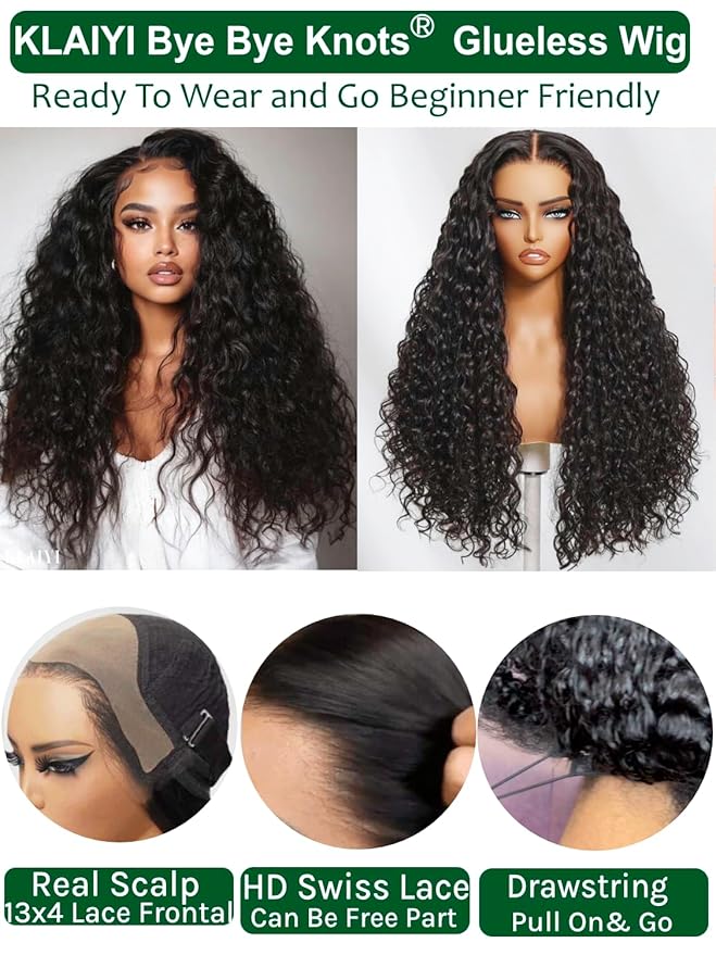 KLAIYI Water Wave HD Real Scalp Glueless Precut 13x4 Lace Front Human Hair Wig Drawstring Bye Bye Knots Pre Plucked Bleached Pre Everything 30S Ready to Wear and Go Deep Curly Wave Beginner Wig 18Inch