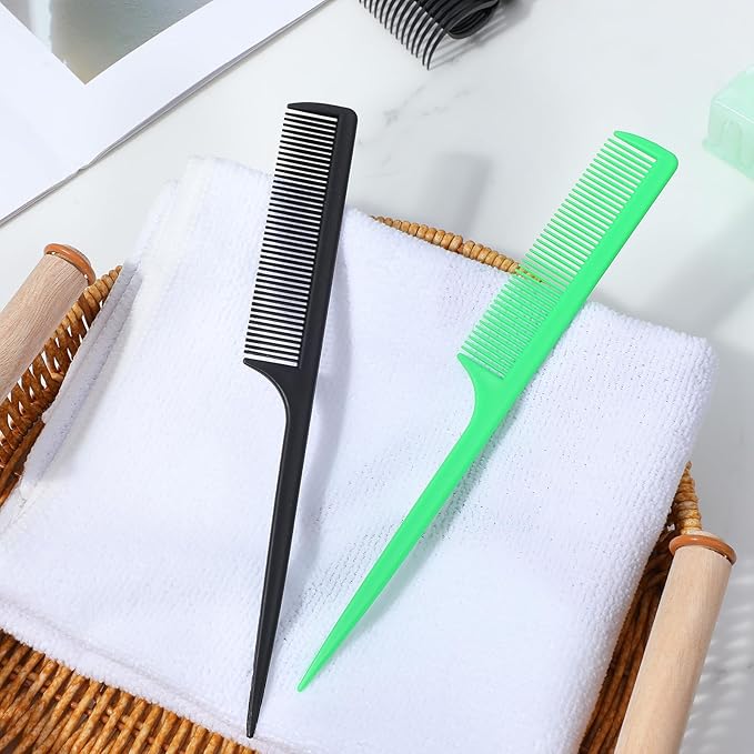 4Pcs Rat Tail Combs for Women - Anti-Static Carbon Fiber Parting & Styling Tail Combs for Braids, Updos (Black, Green)