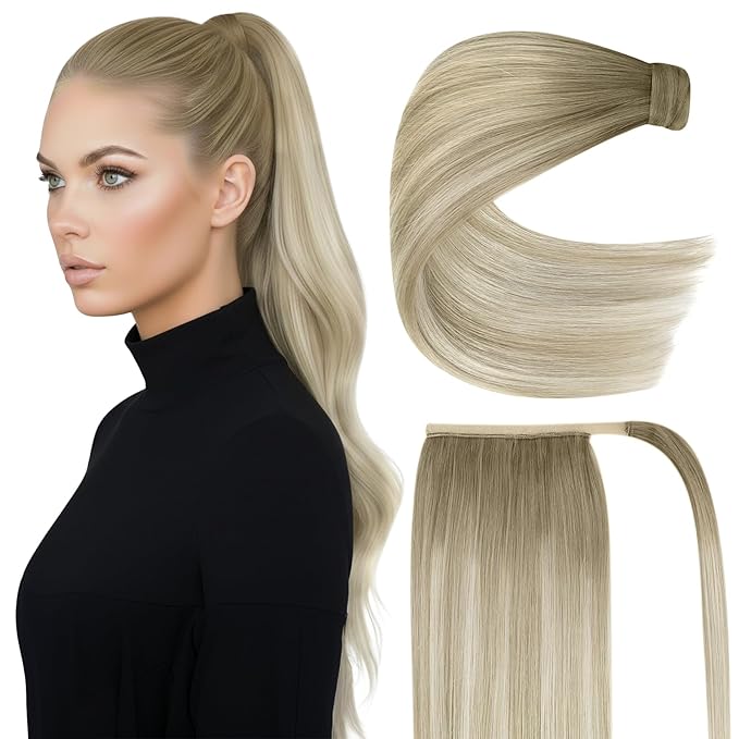 Ve Sunny Hair Extensions Ponytail Real Human Hair Wrap Around Clip in Ponytail Hair Extensions Straight Extensions Human Hair for Women Ash Grey Balayage Platinum Blonde 20inch 80G