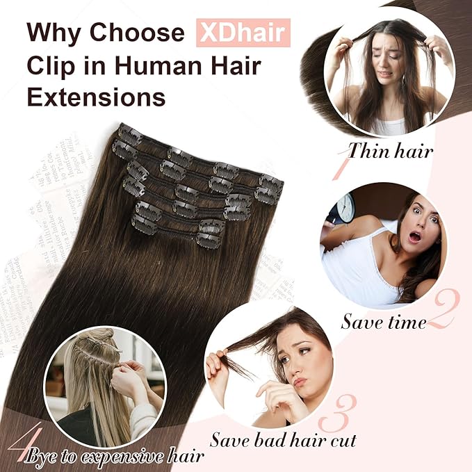 XDhair 22 Inch Clip in Hair Extensions 6 Pcs 120G Dark Brown Real Human Hair Extensions Clip ins Long Straight Hair for Women #2 22 Inch