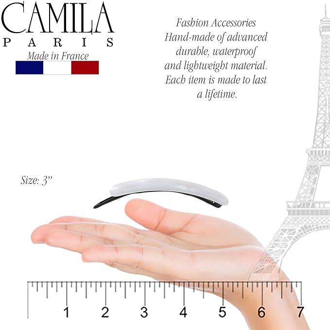 Camila Paris CP3361 French Hair Barrette Clip for Girls, Handmade, White, Metal-Free Closure Strong Hold Grip Hair Clips for Women, No Slip and Durable Styling Girls Hair Accessories, Made in France
