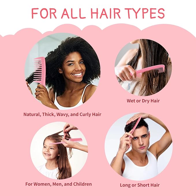 Hair Comb 3-in-1 Plastic Hair Comb Set For Women, Men - Wide Tooth, Rat Tail, and Regular Tooth Detangling Hair Combs for All Hair Types-Pink