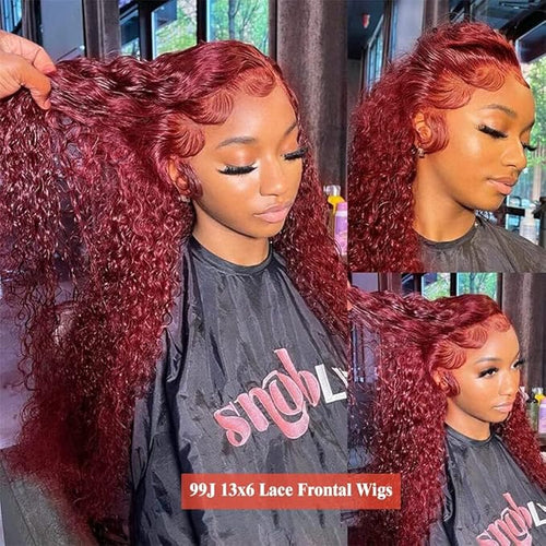 34 Inch 99J Burgundy 13x6 Lace Front Wigs Human Hair Red Burgundy Wig 200% Density Deep Wave Lace Front Wigs Human Hair Pre Plucked Glueless Lace Frontal Wigs for Women