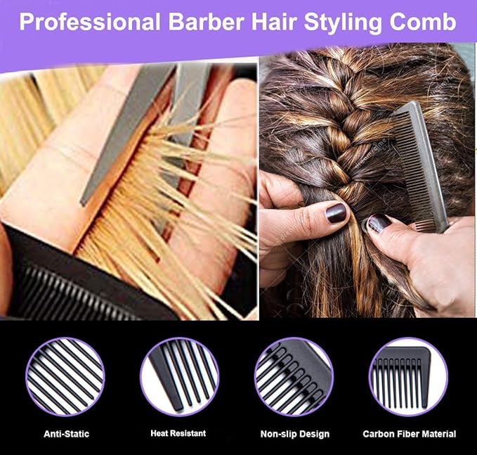 Carbon Fiber Cutting Comb, Professional 8.15” Styling Comb, Hairdressing Comb For All Hair Types, Fine and Wide Tooth Hair Barber Comb