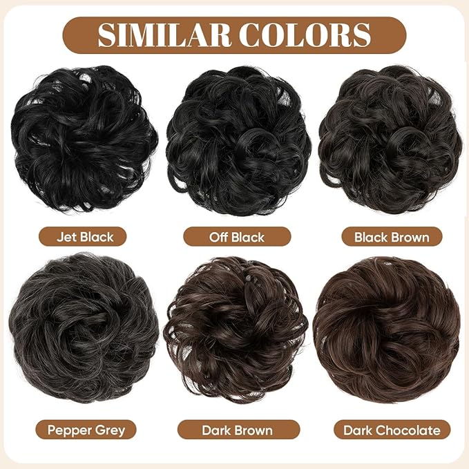 CJL HAIR Large Messy Bun Hair Piece Wavy Curly Scrunchies Synthetic Chignon Ponytail Hair Extensions Thick Updo Hairpieces for Women Off Black