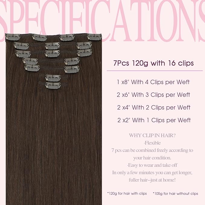 PINKPEARL Human Hair Clip in Hair Extensions 16inch #4 Chocolate Brown Clip in Hair Extensions Real Human Hair 7pcs 120g Natural Human Hair Clip ins for Women(#4-16)