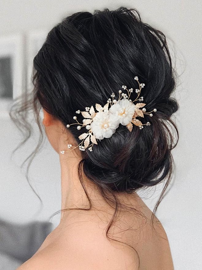 SWEETV Flower Bride Wedding Hair Comb of Fabric Material with Light Weight Pearl and Crystal Accents, Gold Color, 13*6 cm, for Brides Women and Girls Party Prom Gift