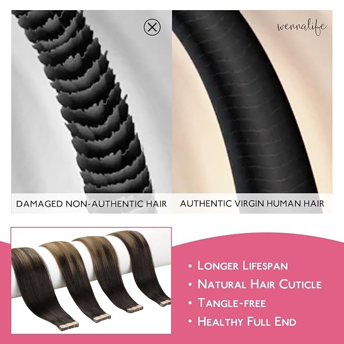 WENNALIFE Tape in Hair Extensions Human Hair Dark Brown to Chestnut Brown and Dirty Blonde Highlighted Tape in Extensions, 10pcs 30g 22 inch Remy Invisible Tape Ins Straight Colored Soft Refill Set