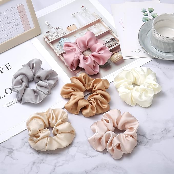 Lolalet Scrunchies for Women, Satin Hair Softer Than Silk Ties Sleep, Big Scrunchy Ponytail Holder with Elastic Bands Girls Thick Thin Curly -6 Pack, Style C