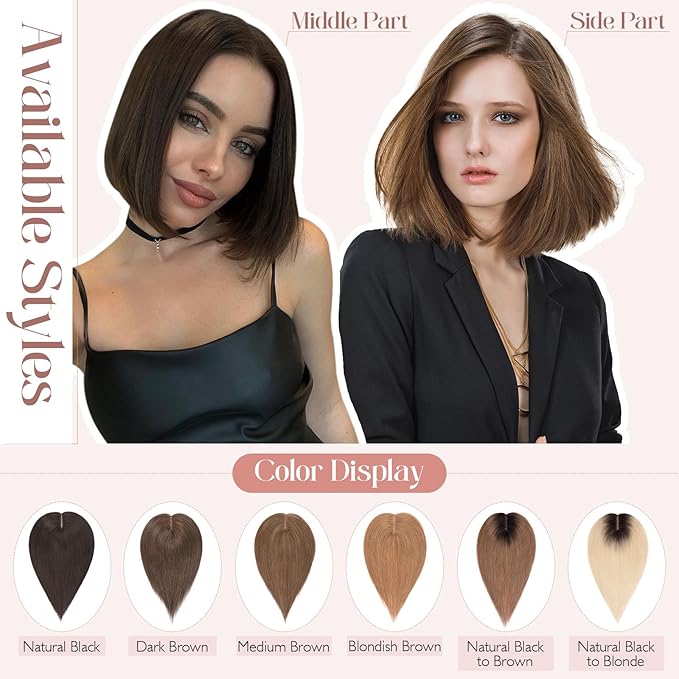 Hairro 100% Human Hair Topper No Bangs, Real Clip in Hair Hairpieces for Women, 3.94x4.72" Silk Base for Thinning Receding High Hairline, 10 Inch Dark Brown Middle Part