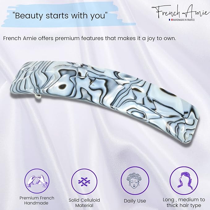 French Amie Long Rectangle Large 4” Gray Magma Handmade Celluloid Automatic Hair Clip Barrette (Gray Magma)