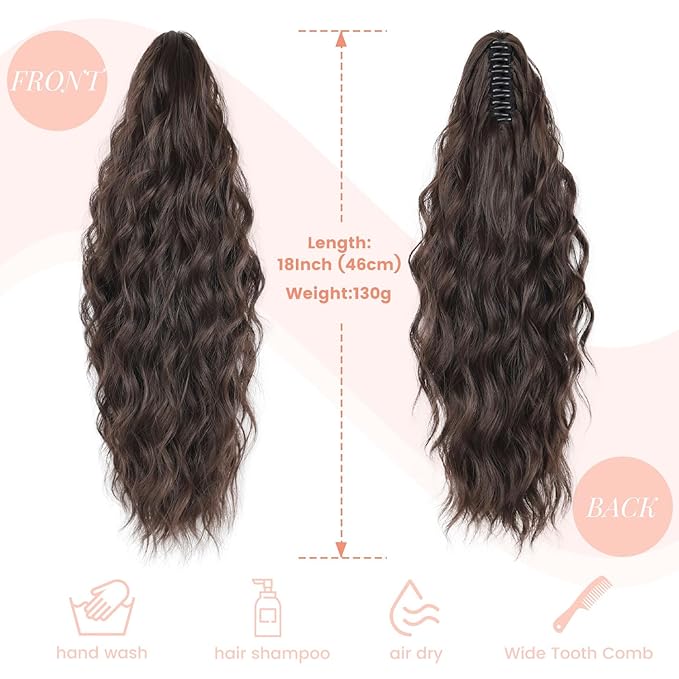Claw Clip Ponytail Extension 18 Inch Curly Wavy Ponytail Extension Jaw Clip on Pony Tails Hairpiece for Women Fluffy Natural Synthetic for Daily Use (Dark Chocolate Brown)