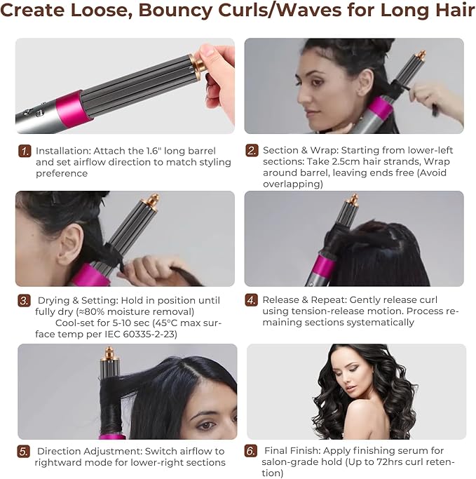 40mm/1.6" Long Barrel Attachment for Dyson Airwrap Compatible - Adjustable Bidirectional Curling, Heat-Resistant Material, Instant Use for Voluminous