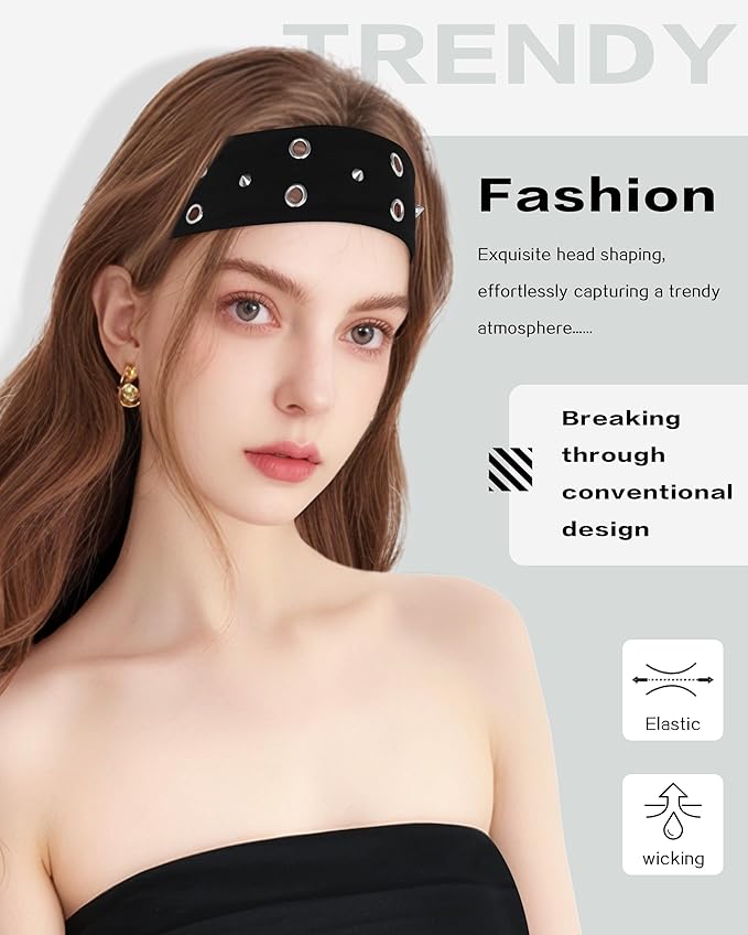 Grommet Headband for Women, Black Triangle Studs 23cm Hollow Out Elastic Hair Band, Eyelets Punk Grunge Stylish Hairband