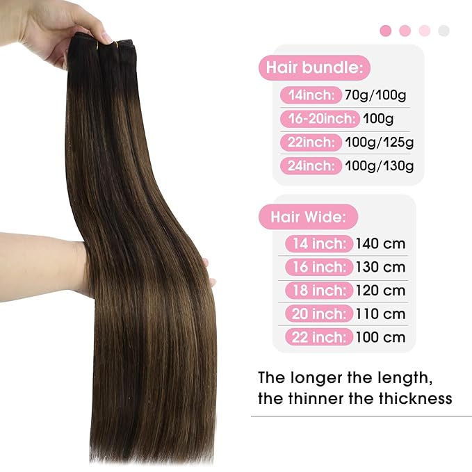 YoungSee 18 Inch Weft Hair Extensions Balayage Human Hair Weft Extensions Dark Brown Mix Medium Brown Highlights Sew in Hair Extension Real Human Hair for Women 100G