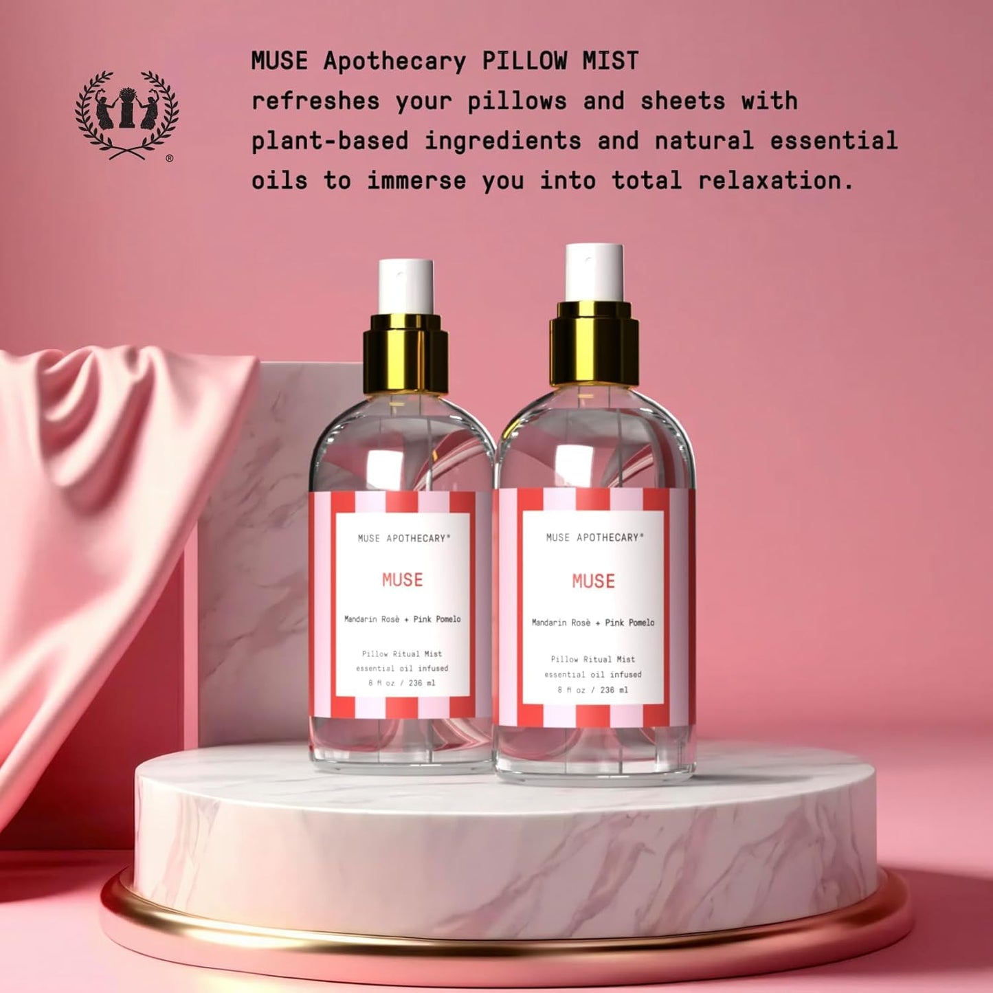 Muse Apothecary Pillow Ritual - Aromatic, Calming and Relaxing Pillow Mist, Linen and Fabric Spray, Infused with Natural Essential Oils - Great Valentine's Day Gift - 8 oz, Mandarin Rosè + Pink Pomelo