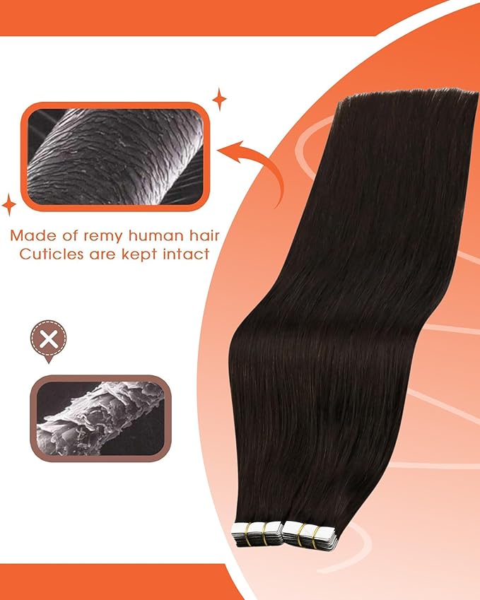 Sunny Hair Tape in Hair Extensions Real Human Hair Invisible Remy Hair Extensions Tape ins for Women Darkest Brown 12 inch 20G