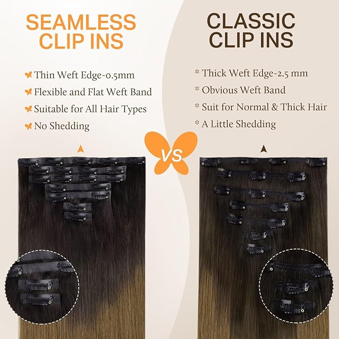 DOORES Seamless Clip-in Hair Extensions, Chocolate Dip Color Melt 9pcs 130g 14 Inch, Remy Human Hair Straight Thick Weft Invisible Edge