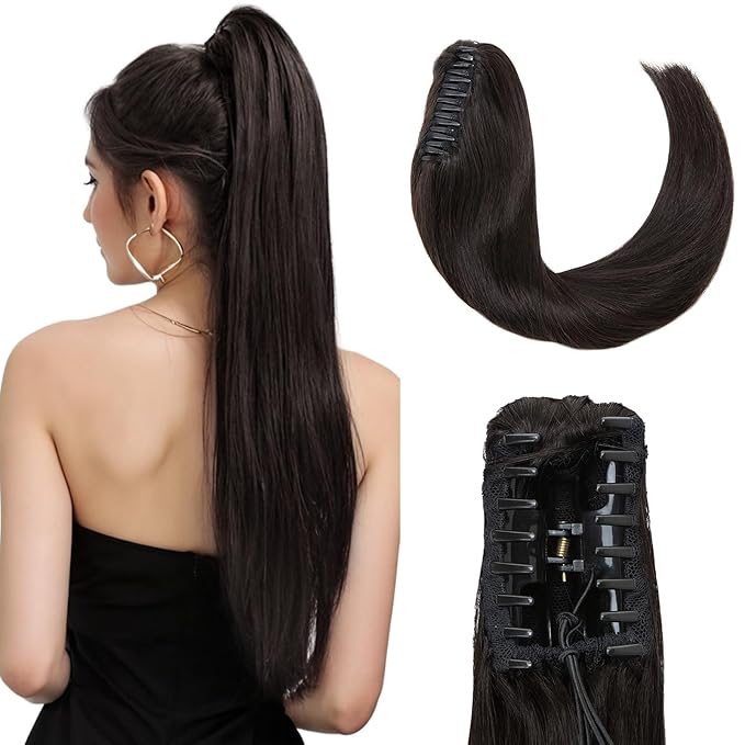Hairro Claw Clip Ponytail Extension Human Hair Clip In Ponytail Jaw/Claw Jaw On Pony Tail Hairpieces For Women 18 Inch 115g #1B Natural Black
