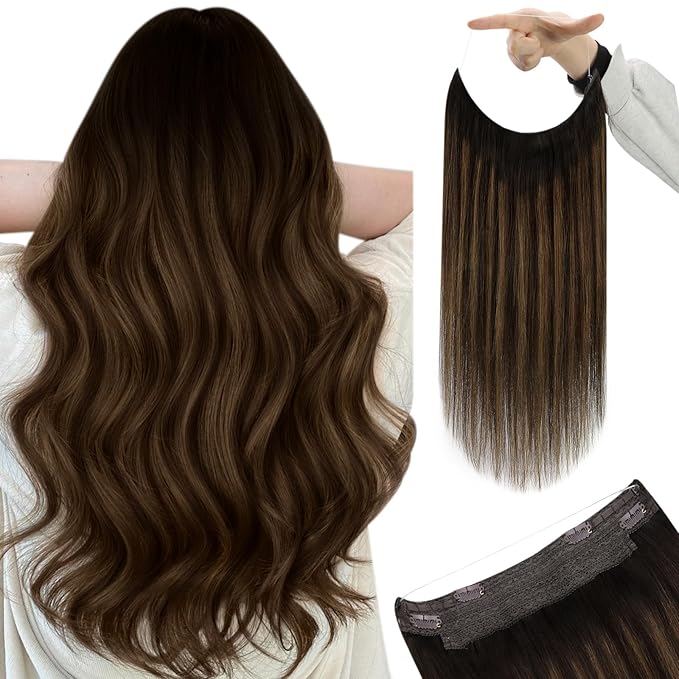 YoungSee Human Hair Wire Extensions Balayage Wire Hair Extensions Real Human Hair Balayage Darkest Brown to Medium Brown Straight One Piece Hair Extensions 18In 80G