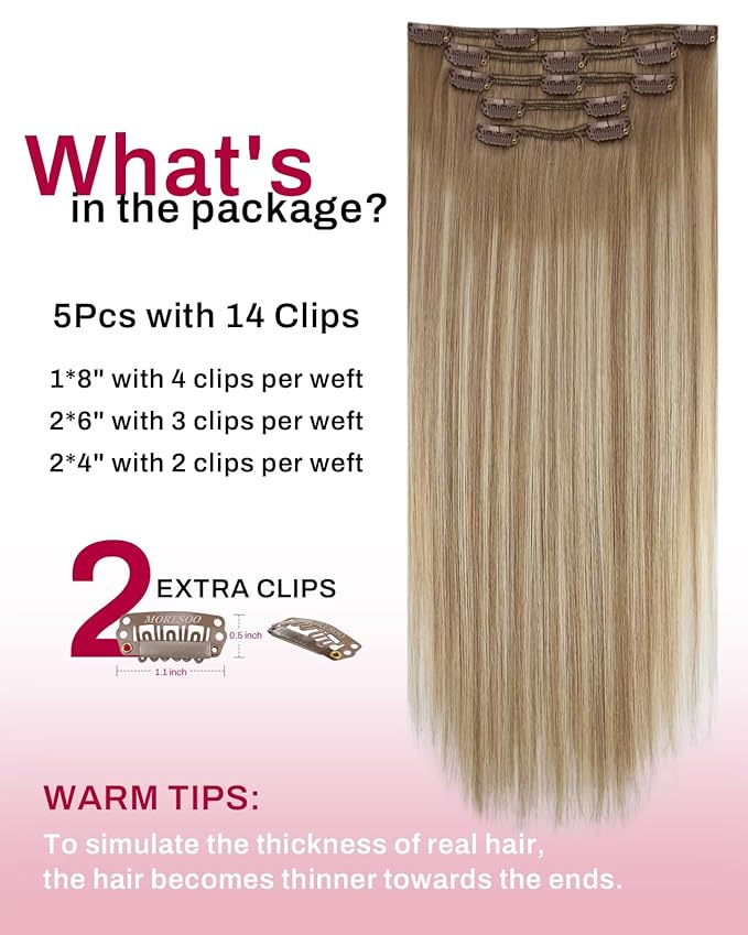 Moresoo Clip in Hair Extensions Real Human Hair Double Weft Human Hair Clip in Extensions Straight Balayage Ombre Light Brown Mixed with Golden Blonde 5pcs 80g 22inch