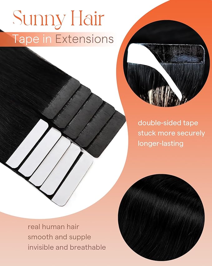Sunny Hair Tape in Hair Extensions Real Human Hair Invisible Remy Hair Extensions Tape ins for Women Jet Black 24 inch 25G