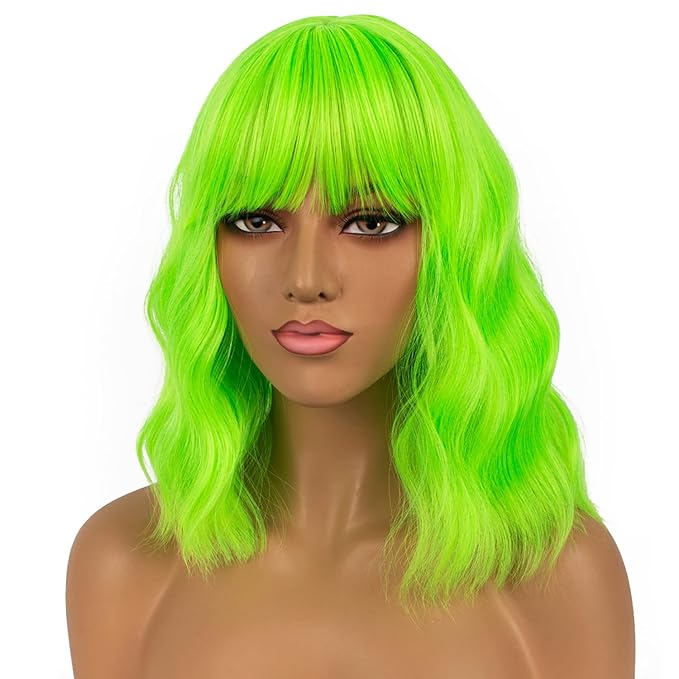 Short Bob Wigs with Bangs for Women Loose Wavy Wig Curly Wavy Shoulder Length Bob Synthetic Cosplay Wig for Girl Colorful Costume Wigs (Neon Green)