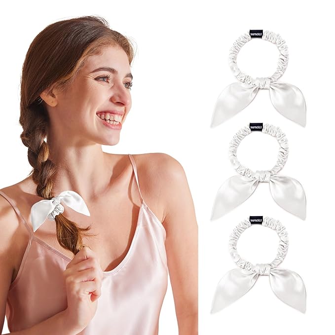 THXSILK 100% Mulberry Silk Bow Scrunchies 3-Pack, 22 Momme Mulberry Silk Hair Ties for Women, Cute Bunny Ear No Damage Ponytail Holders, Fashion Hair Accessories for Girls(S, Pearl White)