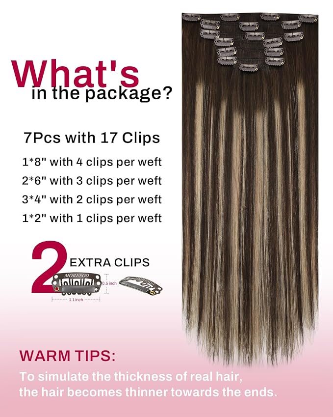 Moresoo Ombre Brown Clip in Hair Extensions Dark Brown to Caramel Blonde Balayage Real Hair Extensions Clip in Human Hair Full Head 16 inch 120g/7pcs