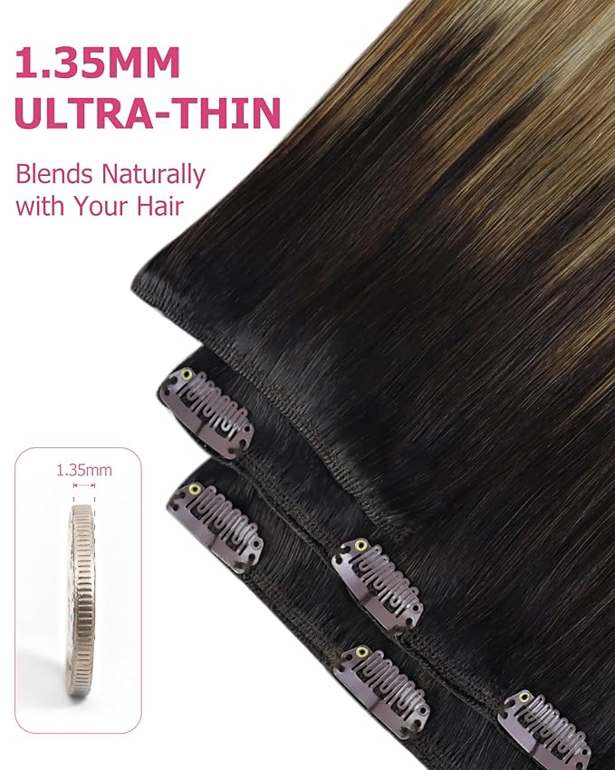 YoungSee Balayage Clip in Hair Extensions Brown Ombre Clip on Hair Extensions Human Hair Dark Roots to Blonde Mix Brown Balayage Real Hair Extension Clip in Human Hair for Thin Hair 18In 120G 7Pcs