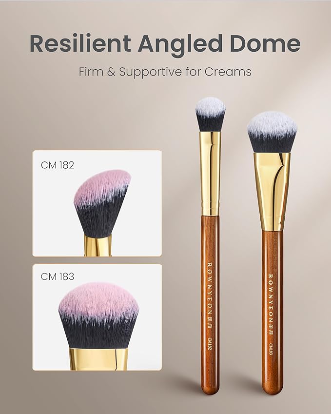 Desert Oak Series Angled Dome Cream Blush Brush - Medium Nylon Bristles for Flawless Cream/Liquid Blush Application, Seamless Stippling & Blending, Bubinga Handle & Brass Ferrule (CM 183)