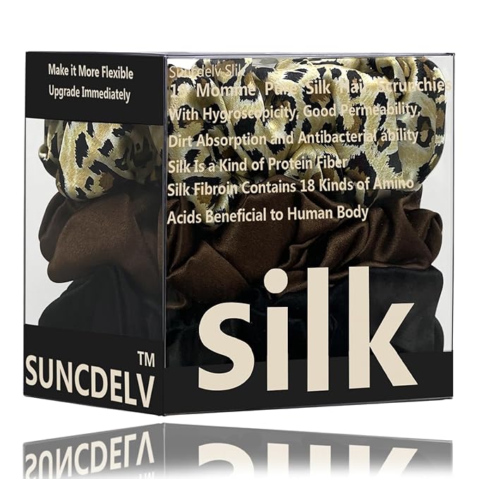 Suncdelv Silk,100% Silk Scrunchies for Hair,22 Momme Hair Ties for Anti-Crease & Breakage,Natural Women Hair Accessories，Fashion Hairbands 3PCS（Leopard print）