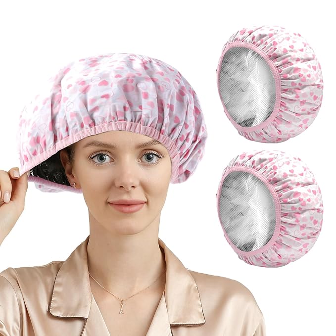 YIZIJIZI 2 Pieces Heat Cap for Deep Conditioning, Conditioning Cap Made of Aluminum Foil for Home and Salon Use, Hair Dyeing（Pink heart）
