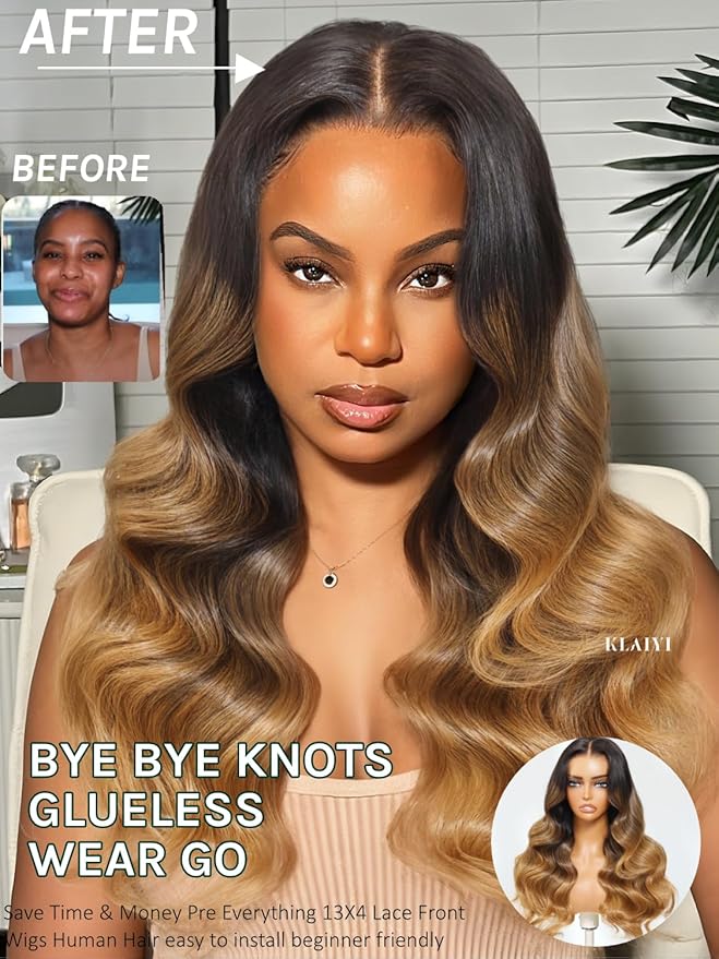 KLAIYI Ombre Highlight Blonde Loose Wave Pre Everything Glueless 13x4 Lace Front Wigs Human Hair Drawstring Balayage Brown Pre Cut Pre Plucked Bleached Ready to Wear and Go Wig with Dark Roots 22Inch
